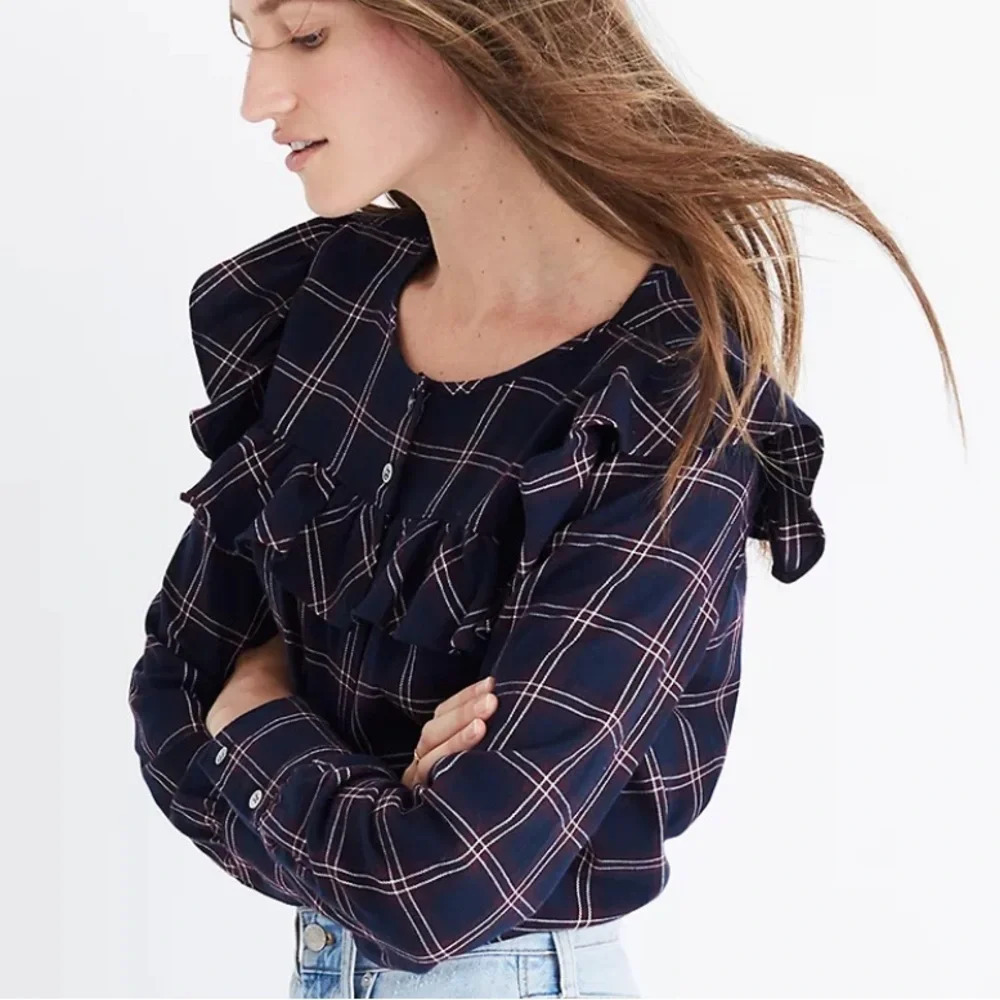 MADEWELL PLAID RUFFLE FLANNEL TOP - Picture 2 of 7